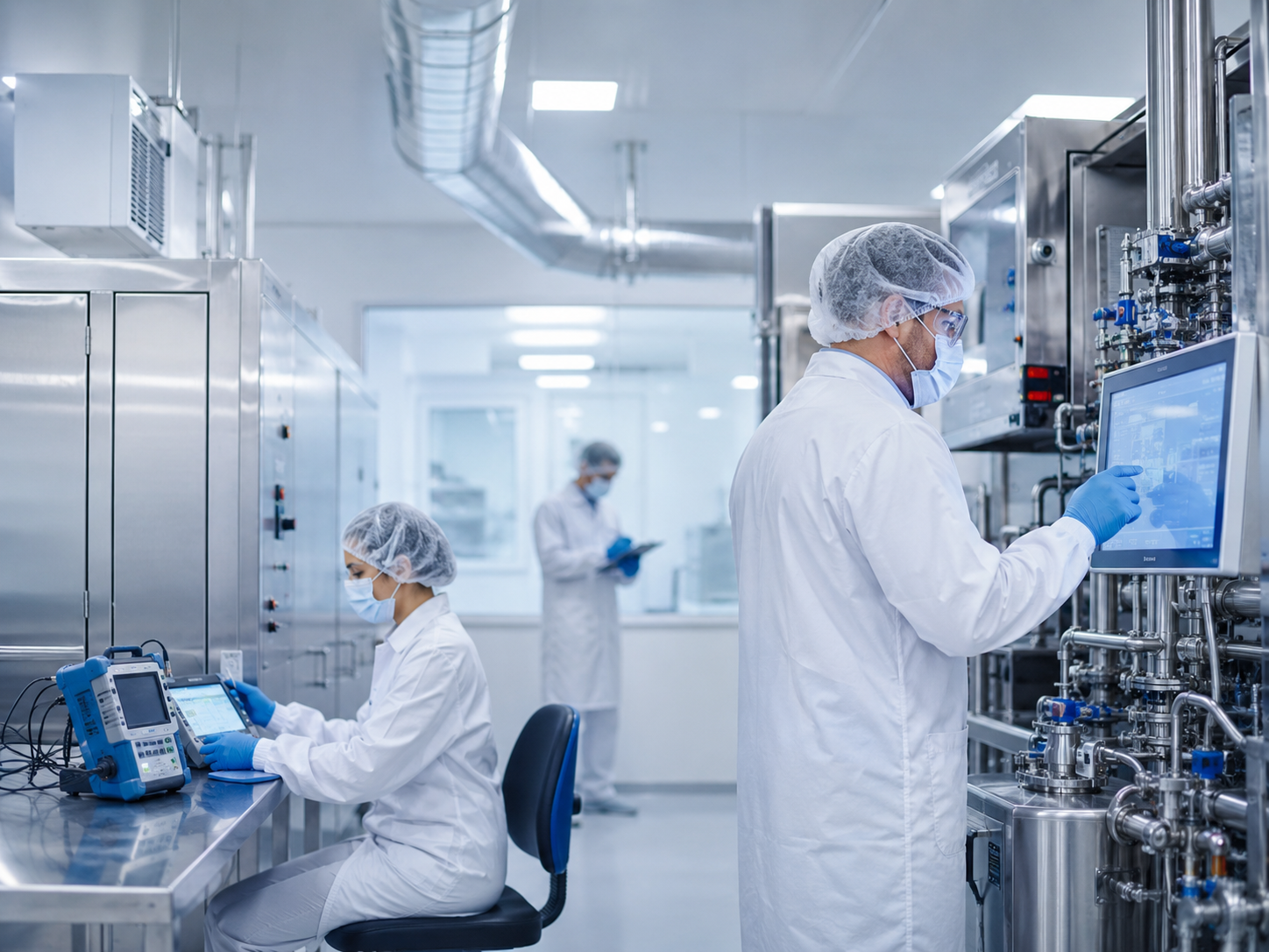 Equipo técnico trabajando en un entorno industrial y de laboratorio de alta precisión